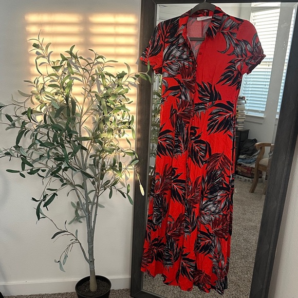 Promod Vibrant Red and Black Button Tropical Maxi Dress - Picture 1 of 4
